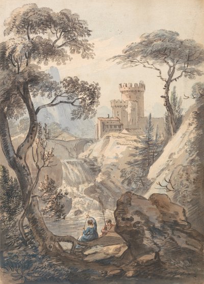 城、カスケード、釣り人のいるイタリアンの風景 作： Paul Sandby